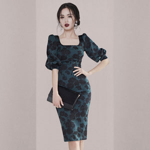 復古印花洋裝女裝2023韓版名媛氣質方領收腰顯瘦職業包臀裙