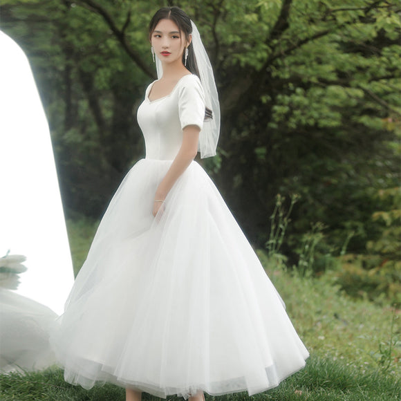 法式輕婚紗旅拍簡約迎賓出門紗夏季韓式緞面新娘主紗裙復古小個子