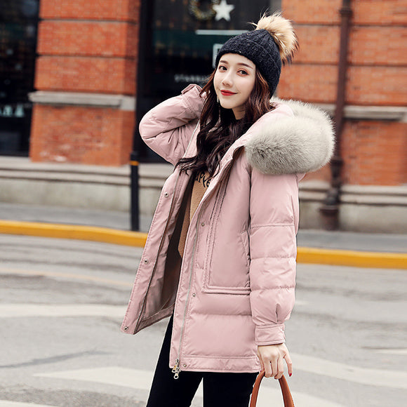 毛領連帽羽絨服女冬季2022新款韓版寬鬆保暖中長款休閒白鴨絨外套