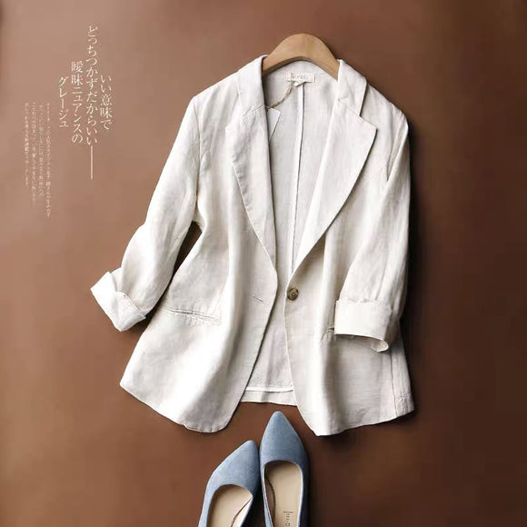 非西裝外套女薄款短款韓版女裝修身棉麻大尺碼七分袖西裝