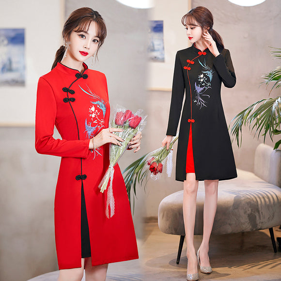紅色改良旗袍秋季長袖大尺碼女裝禪意茶服中國風小個子年輕洋裝