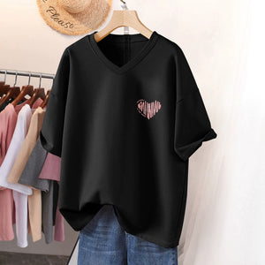 美式復古黑色短袖T恤女夏季2023大尺碼寬鬆顯瘦遮肚藏肉V領上衣