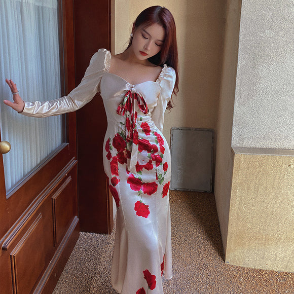 碎花洋裝秋季氣質禮服白色裙子女法式復古方領泡泡袖魚尾裙